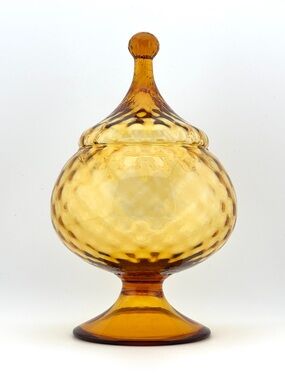 Vintage Amber Empoli Glass Circus Tent Design Covered Candy Dish